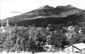 Flagstaff Arizona Bird's Eye View~Houses-Church-40s Car-Mountain~RPPC-Postcard