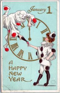 A Happy New Year - Clowns drinking with clock - julius bien - dual postmarks