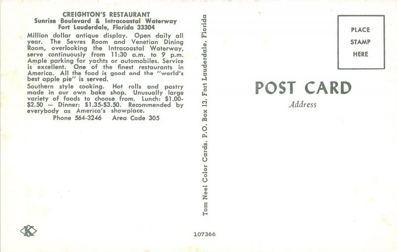 Fort Lauderdale Florida~Creighton's Restaurant @ Night~Gift Shop~1950s Postcard