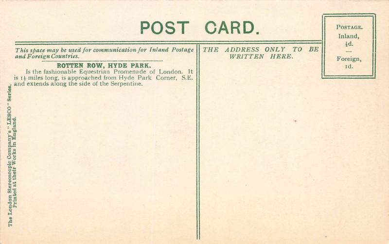 Rotten Row, London, England, Early Postcard, Unused