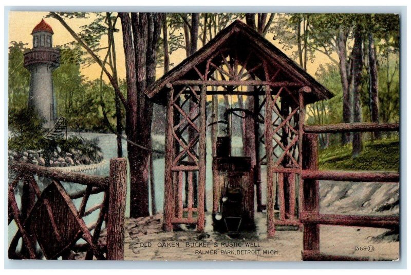 c1910s Old Oaken Bucket And Rustic Well Palmer Park Detroit MI Unposted Postcard