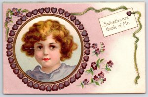 1910's Girl In The Mirror Curly Hair With Hearts & Flowers Sweetheart Postcard