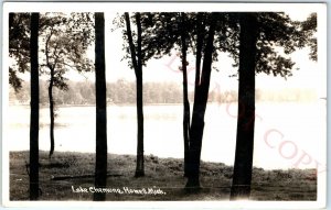 c1940s Howell, MI RPPC Lake Chemung Real Photo Shore Postcard Mich Vtg A100