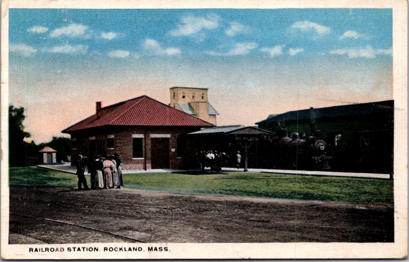 Railroad Station Rockland MA depot steam locomotive train c1917