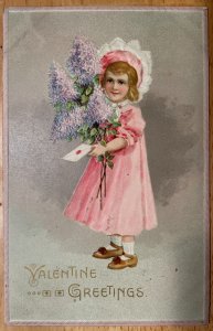 Vintage Victorian Postcard 1912 - Valentine Greetings - Girl with Lilacs