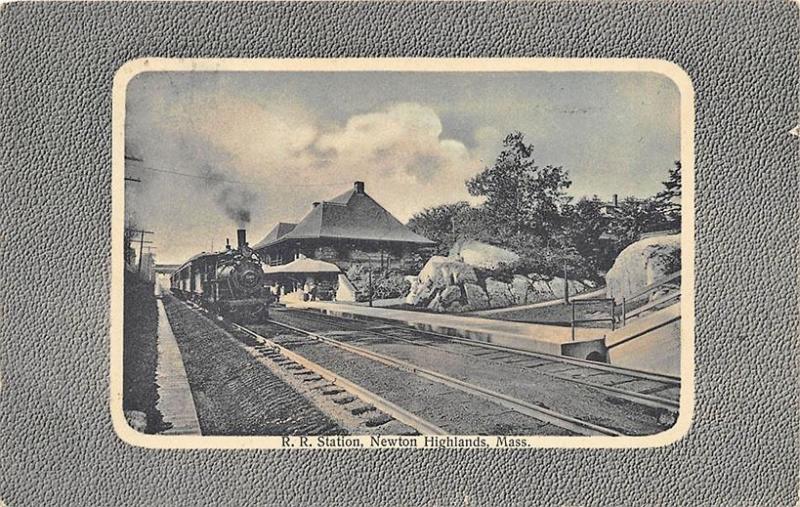 Newton Highlands MA 1913 Railroad Station Train Depot Postcard