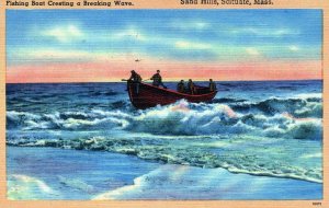 VINTAGE POSTCARD FISHING BOAT CRESTING A WAVE AT SAND HILLS SCITUATE MASS 1952