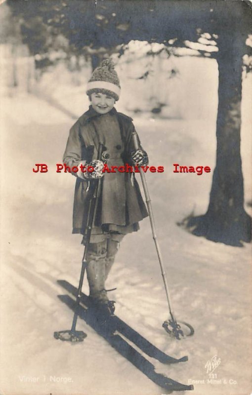 Norway, Mittet & Co. No 131, RPPC, Girl Skiing, Photo