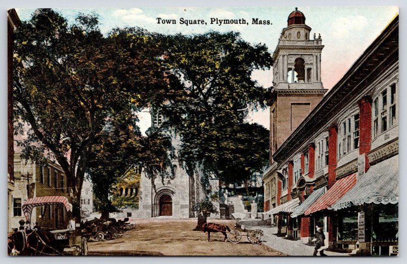 Town Square Plymouth Massachusetts MA Main Street Horse & Buggy View Postcard