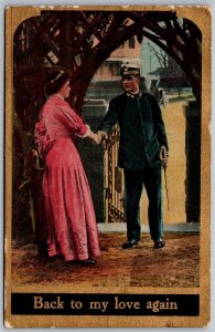 Vtg Romance Back To My Love Again Soldier Returns To Lover Couple 1910s Postcard