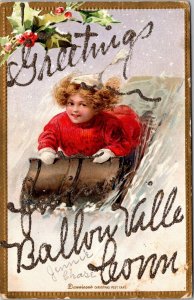 Greetings From Ballouville CT Child Tobogganing Snow c1906 Vintage Postcard X52