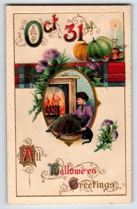 Halloween Postcard Women Black Cat Fireplace Oct 31st Germany Gottschalk Unused