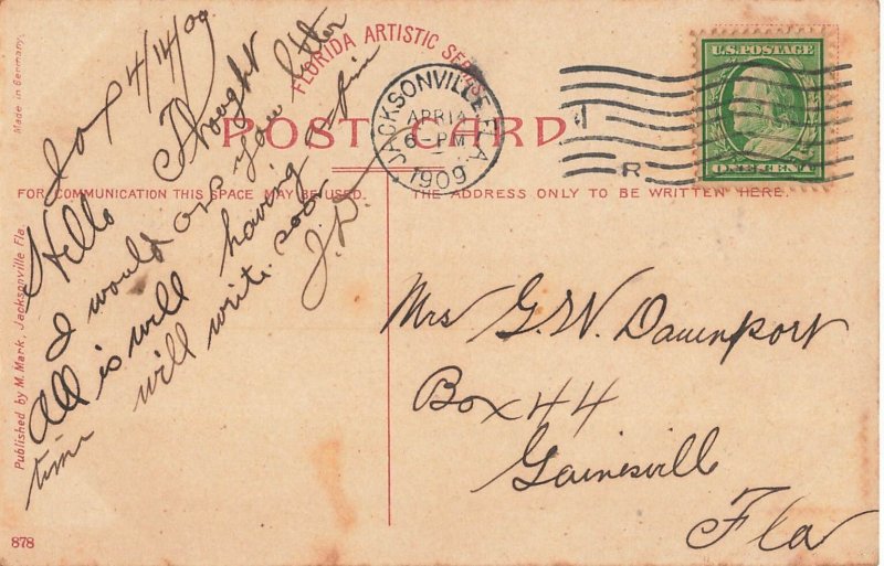 Jacksonville Florida FL~Masonic Temple~1909 M Mark Postcard