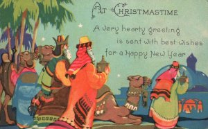 Vintage Postcard At Christmas Hearty Greetings Three Kings and Their Gifts Stars