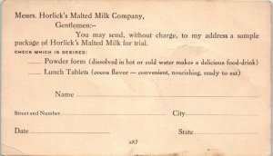 1910s Horlick's Malted Milk Free Sample Order Form Advertising Postcard
