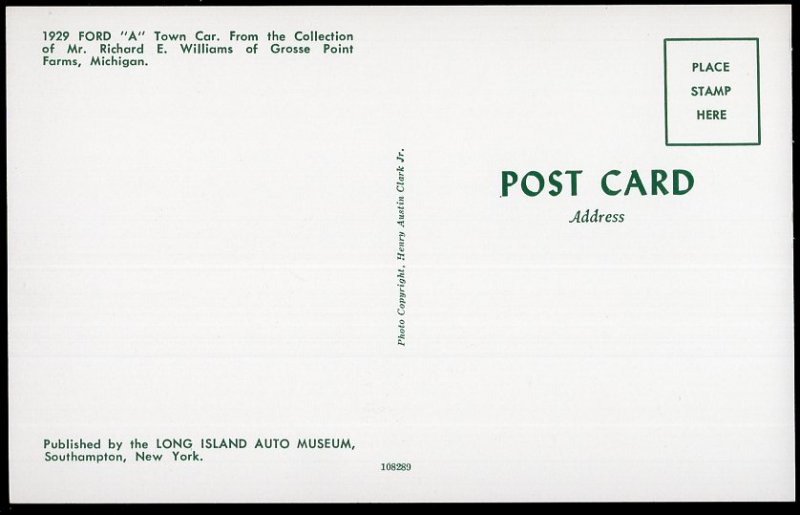 Classic Car Postcard 1929 FORD A Town Car
