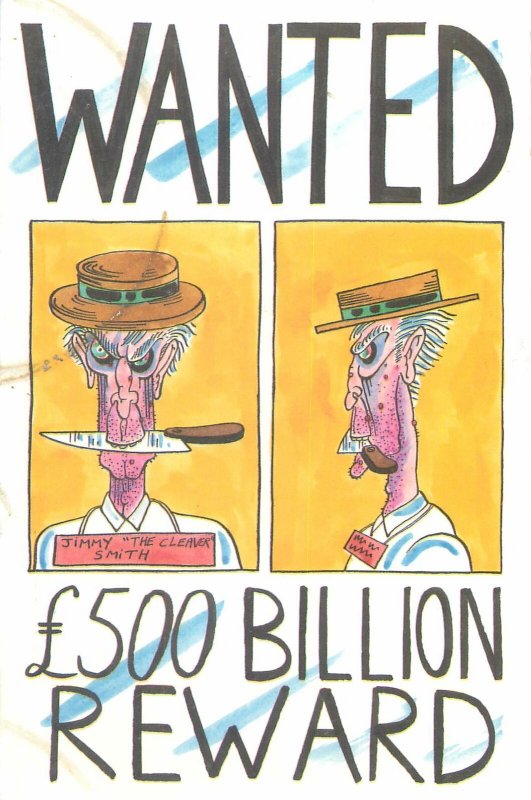 Postcard cartoon illustration Wanted sign 500 billion dollars reward Jimmy