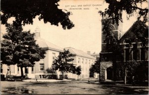 Vtg City Hall and Baptist Church Leominster Massachusetts MA Photolux Postcard