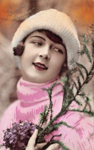 BONNE ANNEE~BEAUTIFUL YOUNG WOMAN~BELGIAN PSTMK-FRENCH PHOTO POSTCARD