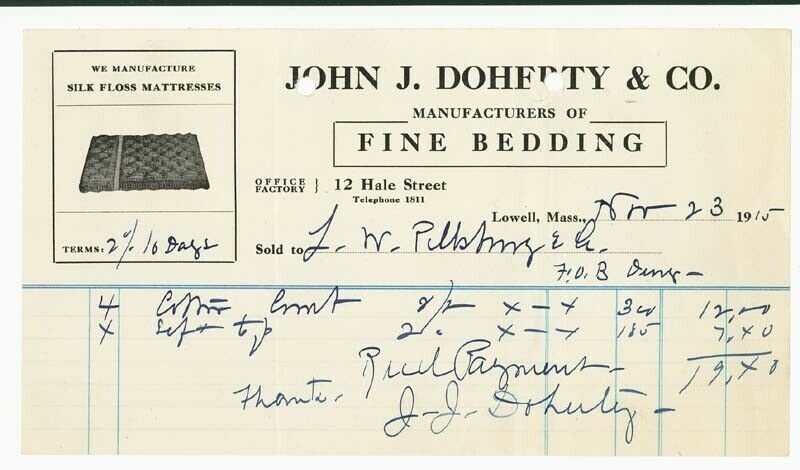 1916 Billhead, JOHN J. DOHERTY & CO., Fine Bedding, Lowell, Massachusetts