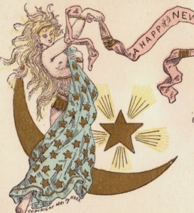 1870s W.S. Patton Sons & Co. Happy New Year Risqué Lady Crescent Moon F152