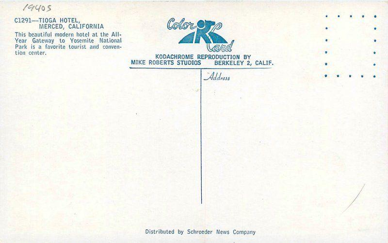 Autos MERCED CALIFORNIA 1940s Tioga Hotel Roberts postcard roadside 3048