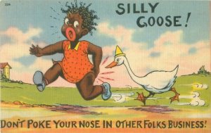 Little Black Girl Running from Goose Old Linen Postcard, African American Intere