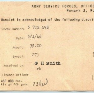 1946 WWII Dependency Benefits Check Receipt Army Service Forces Welfare Vtg 1N