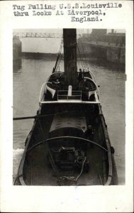 Tug Boat Pulling US Naval Ship USS Louisville Liverpool UK Locks RPPC c1920