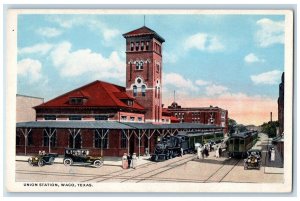 Waco Texas Postcard Union Station Locomotive Train Cars Building Exterior c1920