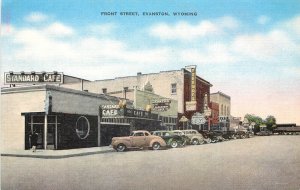 Linen Postcard; Front Street Scene, Evanston WY Standard Cafe, Unita County