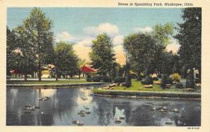 MUSKOGEE, OK Oklahoma  SPAULDING PARK SCENE  Lake~Pavilion  c1940's Postcard