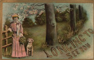 Vintage Postcard 1910's Lady With Her Pet Dog Longing To See Someone