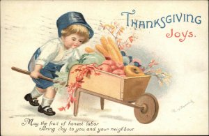 Ellen Clapsaddle Thanksgiving Little Boy Food in Wheelbarrow c1910 Postcard