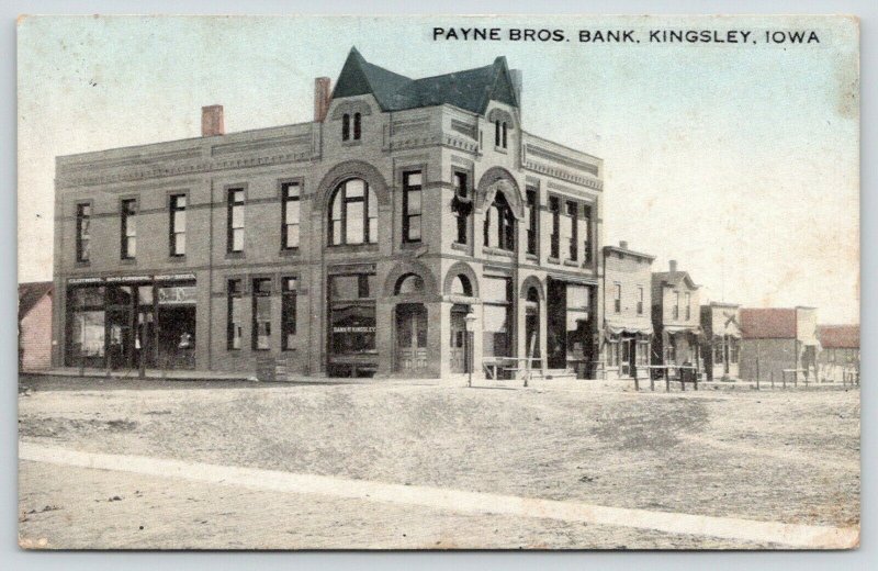 Kingsley Iowa~Arch Windows~Payne Bros Bank~Gents Furnishings Store~Bluesky c1910 