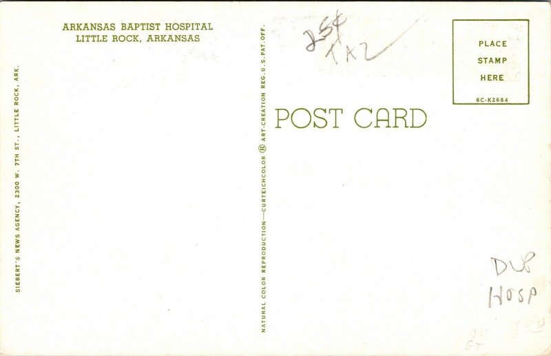 Arkansas Baptist Hospital Little Rock AR Old Car VTG Postcard UNP Unused 