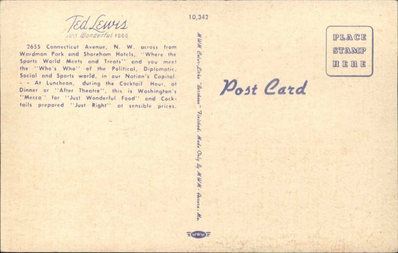Washington DC Ted Lewis Restaurant 2655 Conn Ave Linen Postcard