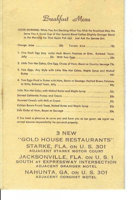 MK-044 FL, Starke, Gold House Restaurant Miniature Menu 1940's to 1950's Vintage