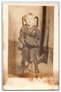 c1910's Little Boy Sailor Uniform Studio Portrait Antique RPPC Photo Postcard 