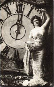 Postcard Woman posing in Large Clock Reproduction CB9