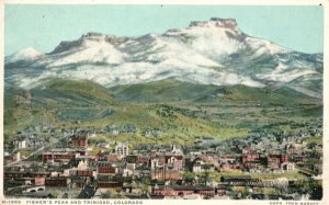 Vintage Postcard Fisher's Peak Mountains Buildings Volcano Trinidad Colorado CO