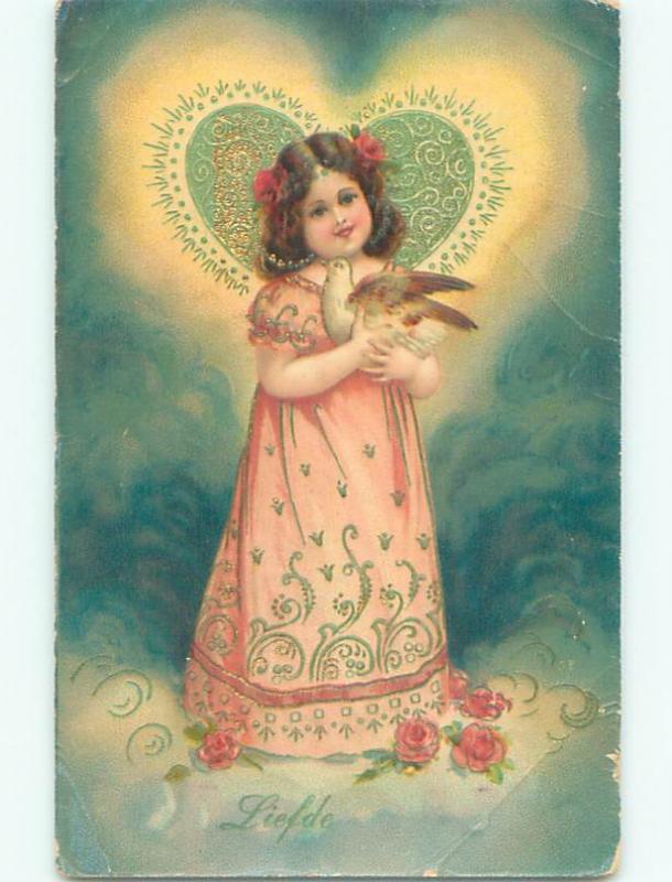 Unused Pre-Linen foreign CUTE EUROPEAN GIRL HOLDS BIRD IN HER ARMS J4267