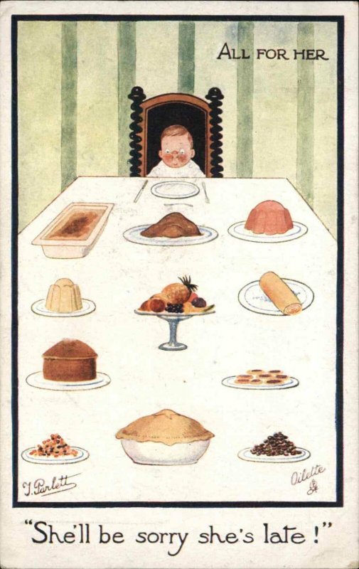 TUCK All For Her Little Boy Dinner Table Food SHE'S LATE! Parlett Postcard c1910