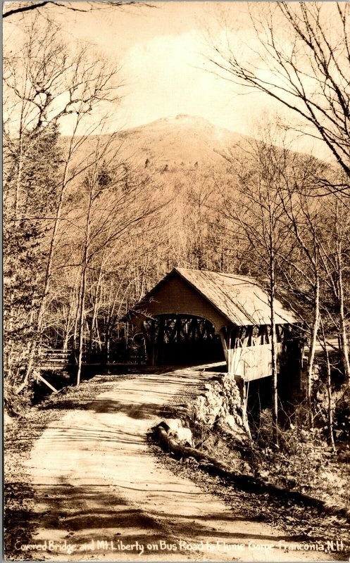 Vtg Franconia NH Covered Bridge Mt Liberty on Road to Flume Gorge RPPC Postcard