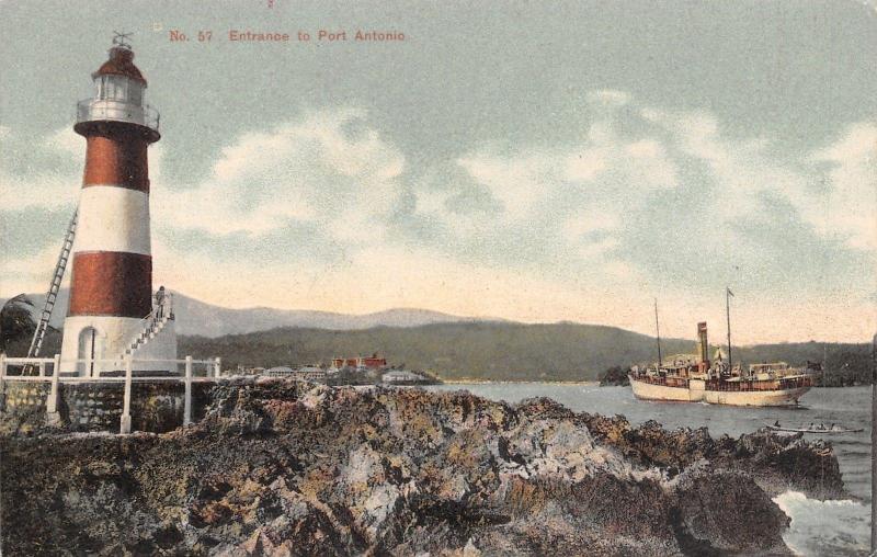 Port Antonio Jamaica~Folly Lighthouse~Steamship in Harbor~1910 Postcard 