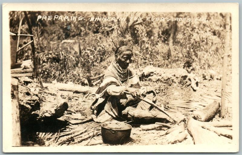 SEMINOLE INDIAN PREPARING DINNER FL EVERGLADES VINTAGE REAL PHOTO POSTCARD RPPC