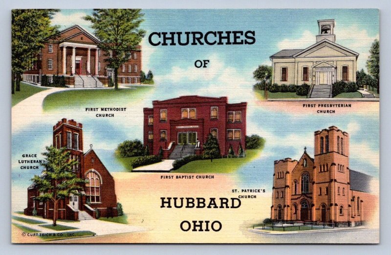 J97/ Hubbard Ohio Postcard Linen Churches of Hubbard 5View  342