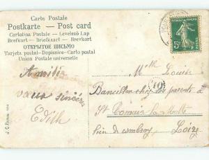 Pre-Linen foreign HAND OF WOMAN HOLDING ROSE FLOWERS & SMALL RIVER BRIDGE HL7347