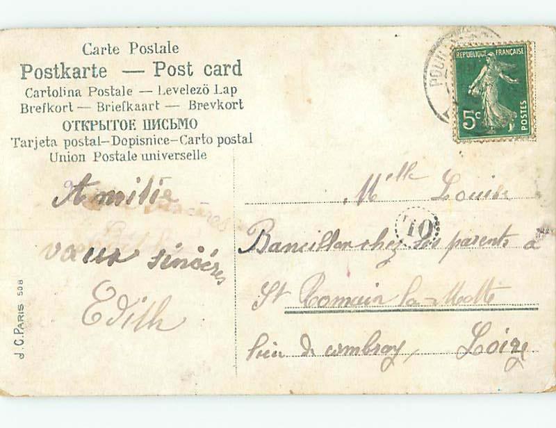 Pre-Linen foreign HAND OF WOMAN HOLDING ROSE FLOWERS & SMALL RIVER BRIDGE HL7347