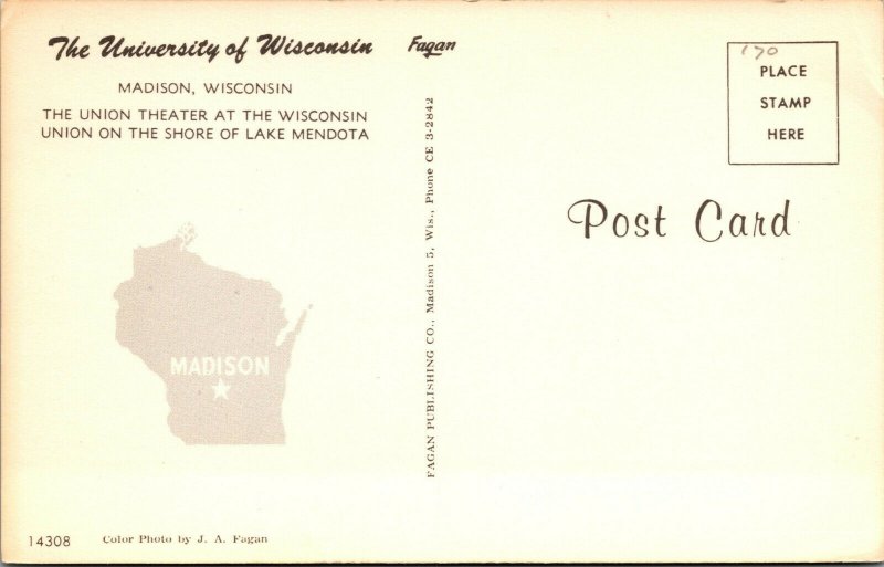 Vtg University of Wisconsin Union Theater Lake Mendota Madision WI Postcard